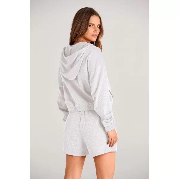 imagePRETTYGARDEN Womens 2023 Fall Two Piece Outfits Waffle Knit Tracksuit Long Sleeve Zip Up Hoodie And Shorts Set Y2K SweatsuitWhite