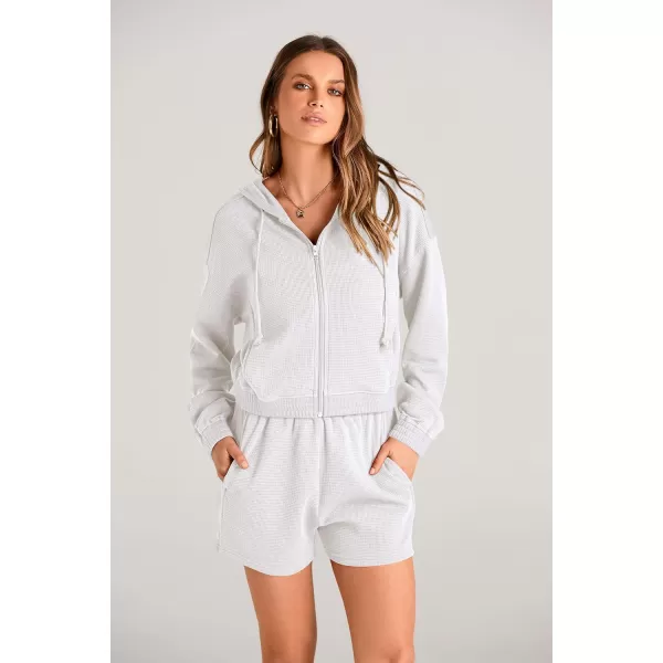 imagePRETTYGARDEN Womens 2023 Fall Two Piece Outfits Waffle Knit Tracksuit Long Sleeve Zip Up Hoodie And Shorts Set Y2K SweatsuitWhite