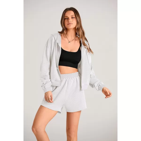 imagePRETTYGARDEN Womens 2023 Fall Two Piece Outfits Waffle Knit Tracksuit Long Sleeve Zip Up Hoodie And Shorts Set Y2K SweatsuitWhite