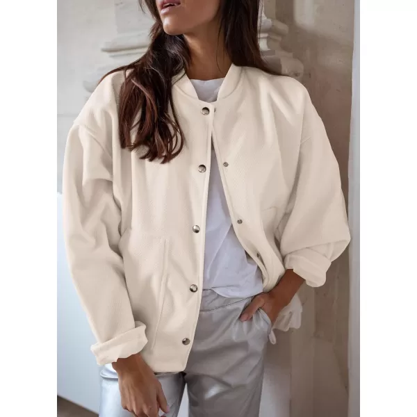 imagePRETTYGARDEN Womens 2023 Fall Varsity Bomber Jackets Casual Baseball Collar Button Down Coats OuterwearBeige