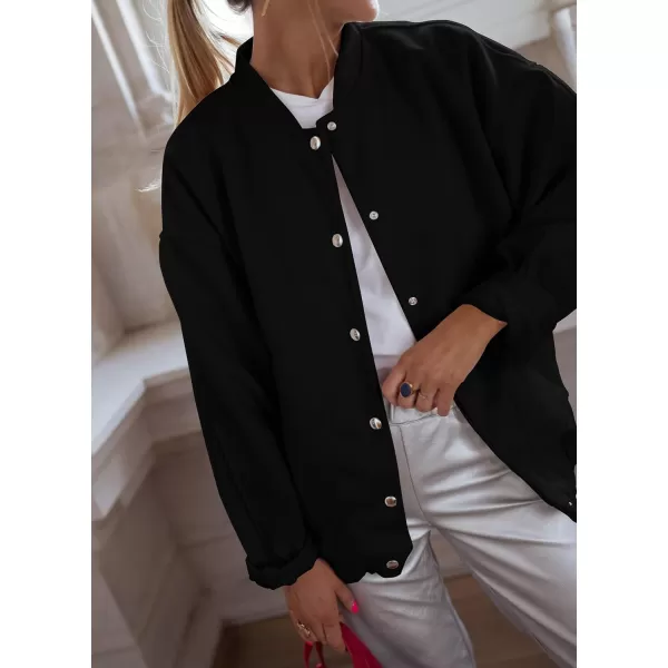 imagePRETTYGARDEN Womens 2023 Fall Varsity Bomber Jackets Casual Baseball Collar Button Down Coats OuterwearBlack