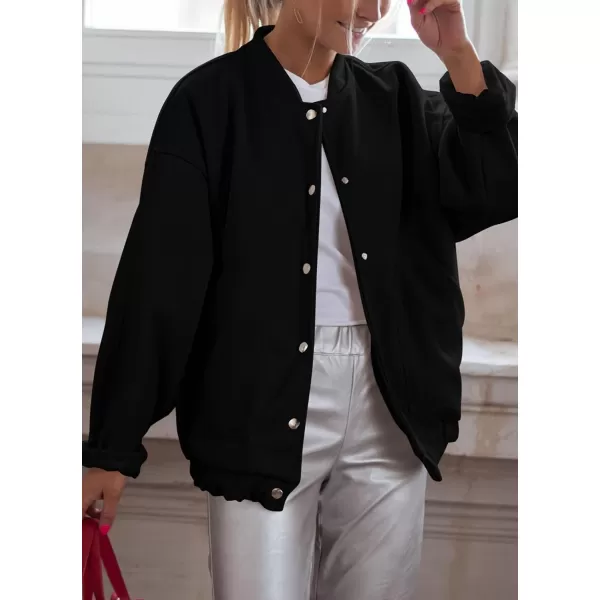 imagePRETTYGARDEN Womens 2023 Fall Varsity Bomber Jackets Casual Baseball Collar Button Down Coats OuterwearBlack