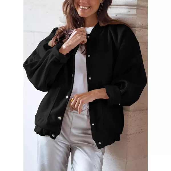 imagePRETTYGARDEN Womens 2023 Fall Varsity Bomber Jackets Casual Baseball Collar Button Down Coats OuterwearBlack