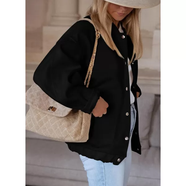 imagePRETTYGARDEN Womens 2023 Fall Varsity Bomber Jackets Casual Baseball Collar Button Down Coats OuterwearBlack