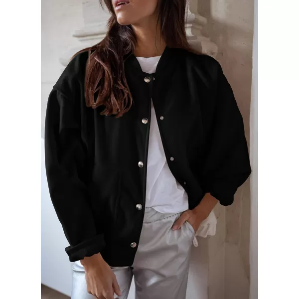 imagePRETTYGARDEN Womens 2023 Fall Varsity Bomber Jackets Casual Baseball Collar Button Down Coats OuterwearBlack