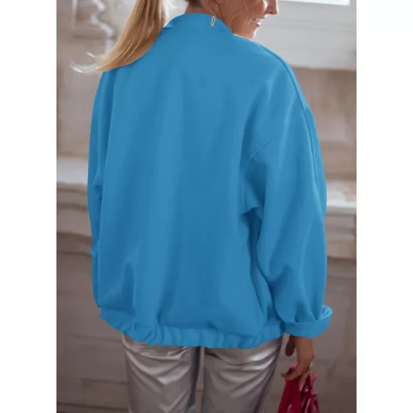 imagePRETTYGARDEN Womens 2023 Fall Varsity Bomber Jackets Casual Baseball Collar Button Down Coats OuterwearBlue