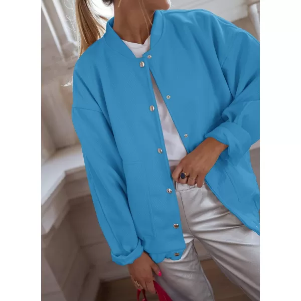 imagePRETTYGARDEN Womens 2023 Fall Varsity Bomber Jackets Casual Baseball Collar Button Down Coats OuterwearBlue