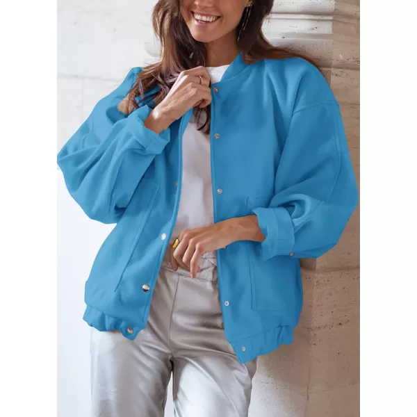imagePRETTYGARDEN Womens 2023 Fall Varsity Bomber Jackets Casual Baseball Collar Button Down Coats OuterwearBlue