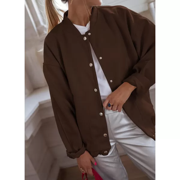 imagePRETTYGARDEN Womens 2023 Fall Varsity Bomber Jackets Casual Baseball Collar Button Down Coats OuterwearBrown