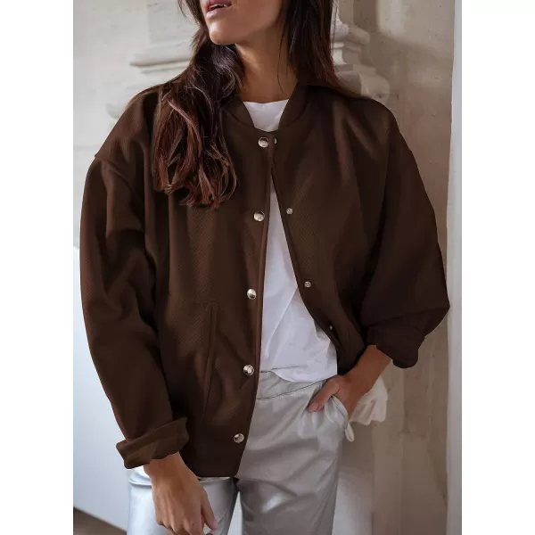imagePRETTYGARDEN Womens 2023 Fall Varsity Bomber Jackets Casual Baseball Collar Button Down Coats OuterwearBrown