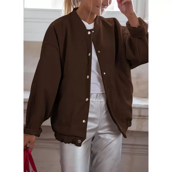 imagePRETTYGARDEN Womens 2023 Fall Varsity Bomber Jackets Casual Baseball Collar Button Down Coats OuterwearBrown