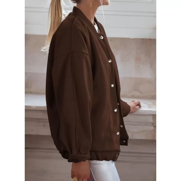 imagePRETTYGARDEN Womens 2023 Fall Varsity Bomber Jackets Casual Baseball Collar Button Down Coats OuterwearBrown
