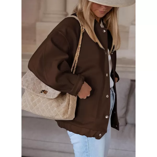imagePRETTYGARDEN Womens 2023 Fall Varsity Bomber Jackets Casual Baseball Collar Button Down Coats OuterwearBrown