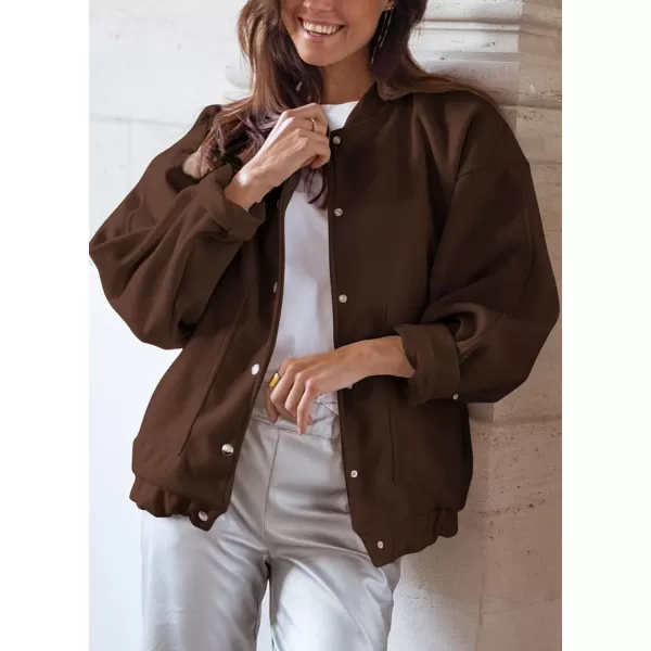 imagePRETTYGARDEN Womens 2023 Fall Varsity Bomber Jackets Casual Baseball Collar Button Down Coats OuterwearBrown