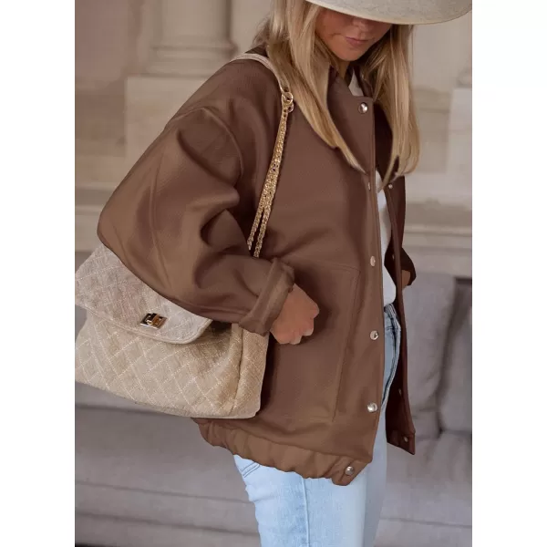imagePRETTYGARDEN Womens 2023 Fall Varsity Bomber Jackets Casual Baseball Collar Button Down Coats OuterwearDark Khaki
