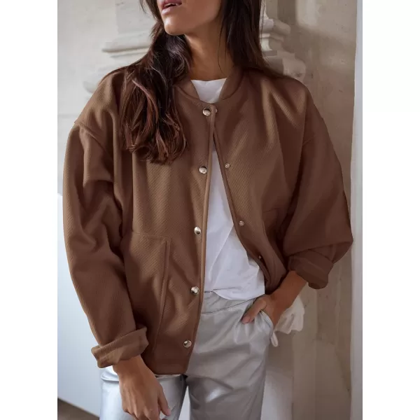 imagePRETTYGARDEN Womens 2023 Fall Varsity Bomber Jackets Casual Baseball Collar Button Down Coats OuterwearDark Khaki