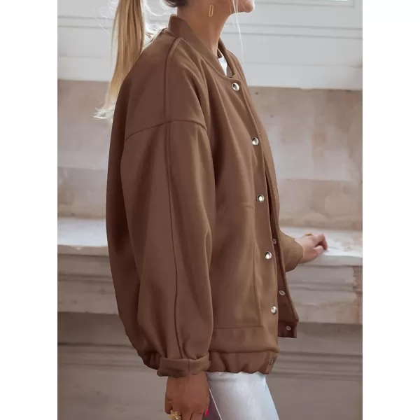 imagePRETTYGARDEN Womens 2023 Fall Varsity Bomber Jackets Casual Baseball Collar Button Down Coats OuterwearDark Khaki