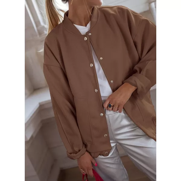 imagePRETTYGARDEN Womens 2023 Fall Varsity Bomber Jackets Casual Baseball Collar Button Down Coats OuterwearDark Khaki
