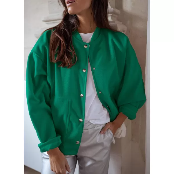 imagePRETTYGARDEN Womens 2023 Fall Varsity Bomber Jackets Casual Baseball Collar Button Down Coats OuterwearGreen