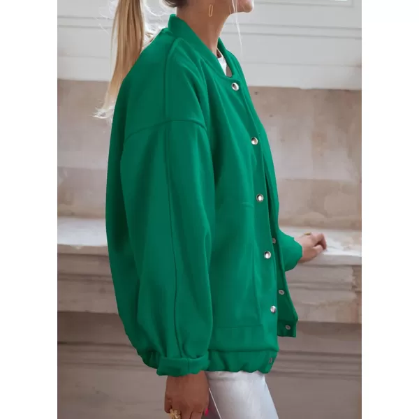imagePRETTYGARDEN Womens 2023 Fall Varsity Bomber Jackets Casual Baseball Collar Button Down Coats OuterwearGreen