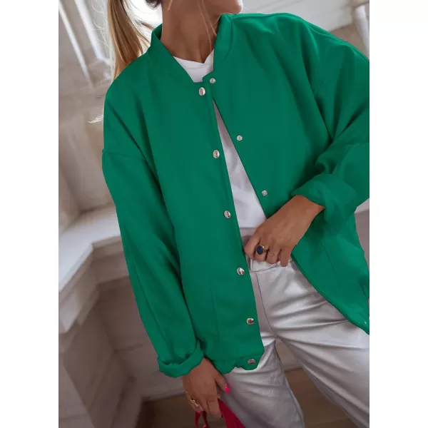 imagePRETTYGARDEN Womens 2023 Fall Varsity Bomber Jackets Casual Baseball Collar Button Down Coats OuterwearGreen