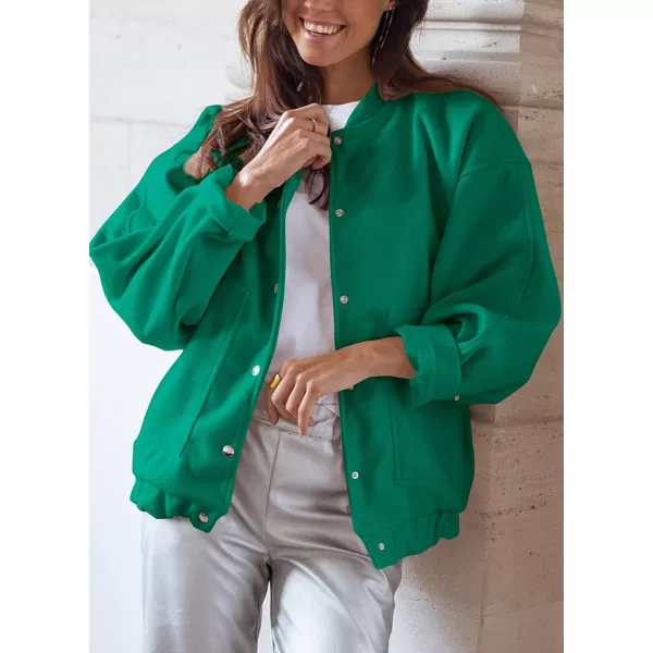 imagePRETTYGARDEN Womens 2023 Fall Varsity Bomber Jackets Casual Baseball Collar Button Down Coats OuterwearGreen