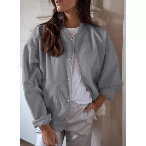 imagePRETTYGARDEN Womens 2023 Fall Varsity Bomber Jackets Casual Baseball Collar Button Down Coats OuterwearGrey