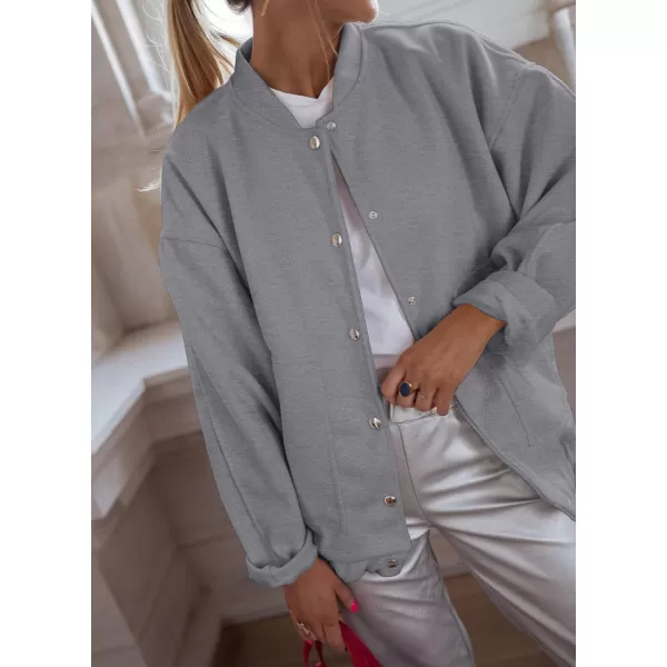 imagePRETTYGARDEN Womens 2023 Fall Varsity Bomber Jackets Casual Baseball Collar Button Down Coats OuterwearGrey