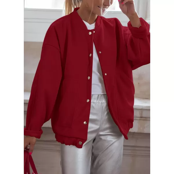 imagePRETTYGARDEN Womens 2023 Fall Varsity Bomber Jackets Casual Baseball Collar Button Down Coats OuterwearRed