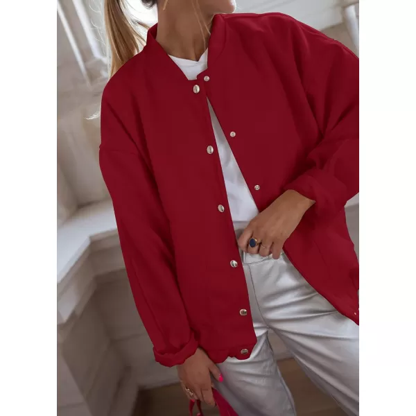 imagePRETTYGARDEN Womens 2023 Fall Varsity Bomber Jackets Casual Baseball Collar Button Down Coats OuterwearRed