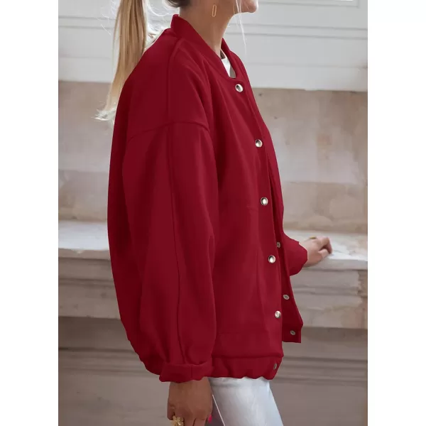 imagePRETTYGARDEN Womens 2023 Fall Varsity Bomber Jackets Casual Baseball Collar Button Down Coats OuterwearRed