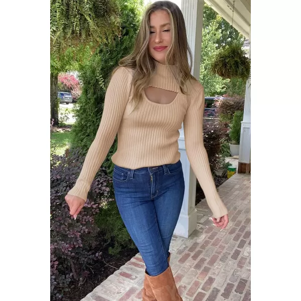 imagePRETTYGARDEN Womens 2023 Fashion Fall Clothes 2 Piece Cutout Tops Long Sleeve Mock Neck Rib Knit Winter Pullover SweaterApricot