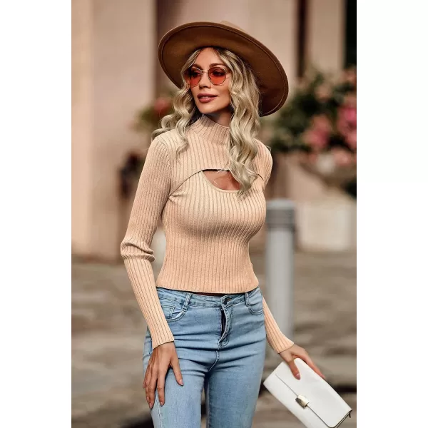 imagePRETTYGARDEN Womens 2023 Fashion Fall Clothes 2 Piece Cutout Tops Long Sleeve Mock Neck Rib Knit Winter Pullover SweaterApricot