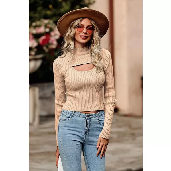 imagePRETTYGARDEN Womens 2023 Fashion Fall Clothes 2 Piece Cutout Tops Long Sleeve Mock Neck Rib Knit Winter Pullover SweaterApricot