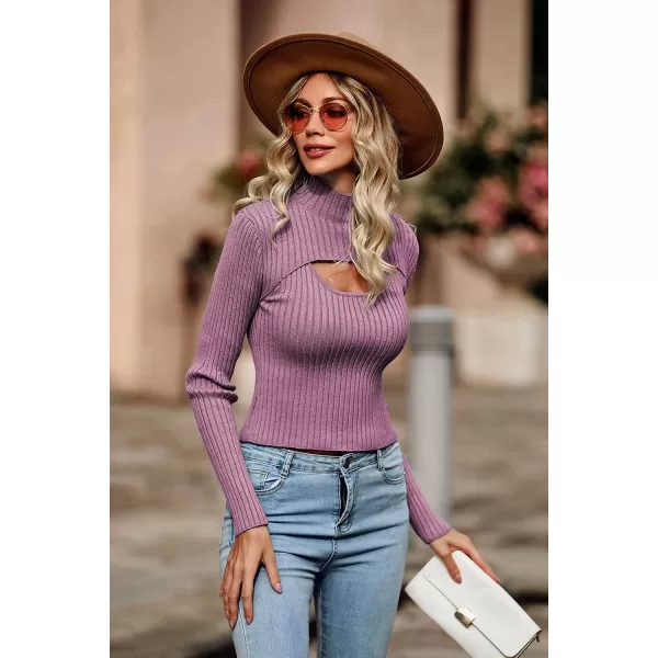 imagePRETTYGARDEN Womens 2023 Fashion Fall Clothes 2 Piece Cutout Tops Long Sleeve Mock Neck Rib Knit Winter Pullover SweaterBean Paste Purple