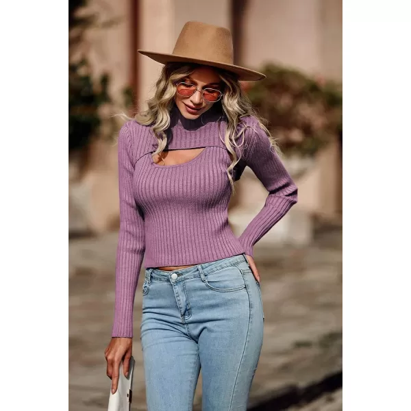 imagePRETTYGARDEN Womens 2023 Fashion Fall Clothes 2 Piece Cutout Tops Long Sleeve Mock Neck Rib Knit Winter Pullover SweaterBean Paste Purple