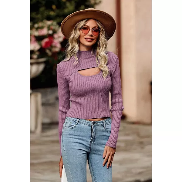 imagePRETTYGARDEN Womens 2023 Fashion Fall Clothes 2 Piece Cutout Tops Long Sleeve Mock Neck Rib Knit Winter Pullover SweaterBean Paste Purple