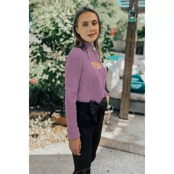 imagePRETTYGARDEN Womens 2023 Fashion Fall Clothes 2 Piece Cutout Tops Long Sleeve Mock Neck Rib Knit Winter Pullover SweaterBean Paste Purple