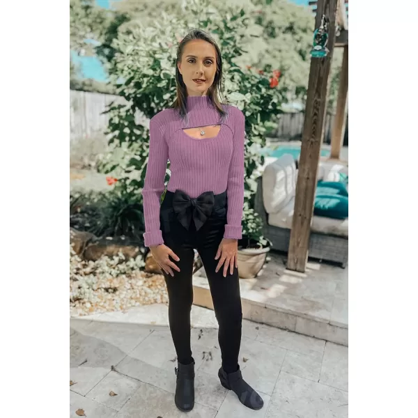 imagePRETTYGARDEN Womens 2023 Fashion Fall Clothes 2 Piece Cutout Tops Long Sleeve Mock Neck Rib Knit Winter Pullover SweaterBean Paste Purple