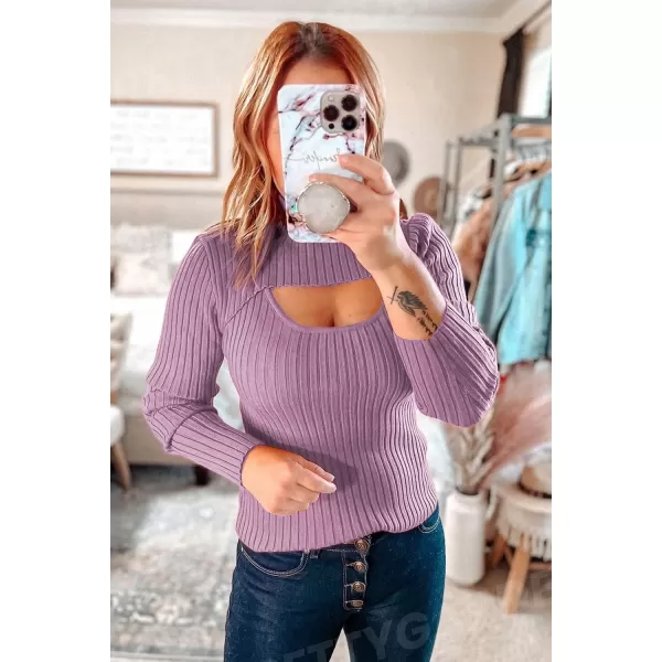 imagePRETTYGARDEN Womens 2023 Fashion Fall Clothes 2 Piece Cutout Tops Long Sleeve Mock Neck Rib Knit Winter Pullover SweaterBean Paste Purple