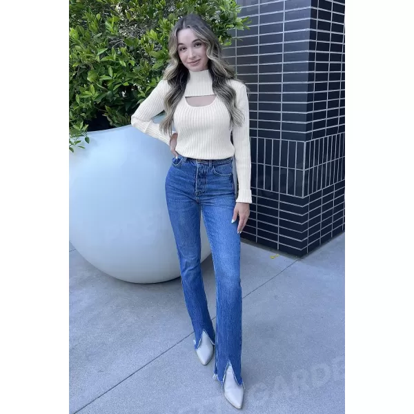 imagePRETTYGARDEN Womens 2023 Fashion Fall Clothes 2 Piece Cutout Tops Long Sleeve Mock Neck Rib Knit Winter Pullover SweaterBeige White