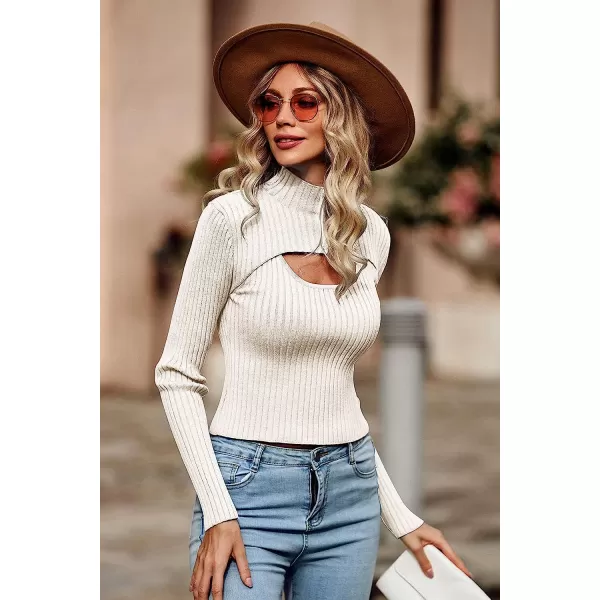 imagePRETTYGARDEN Womens 2023 Fashion Fall Clothes 2 Piece Cutout Tops Long Sleeve Mock Neck Rib Knit Winter Pullover SweaterBeige White