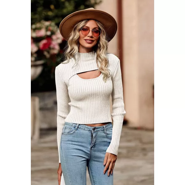 imagePRETTYGARDEN Womens 2023 Fashion Fall Clothes 2 Piece Cutout Tops Long Sleeve Mock Neck Rib Knit Winter Pullover SweaterBeige White