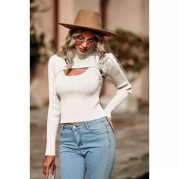 imagePRETTYGARDEN Womens 2023 Fashion Fall Clothes 2 Piece Cutout Tops Long Sleeve Mock Neck Rib Knit Winter Pullover SweaterBeige White