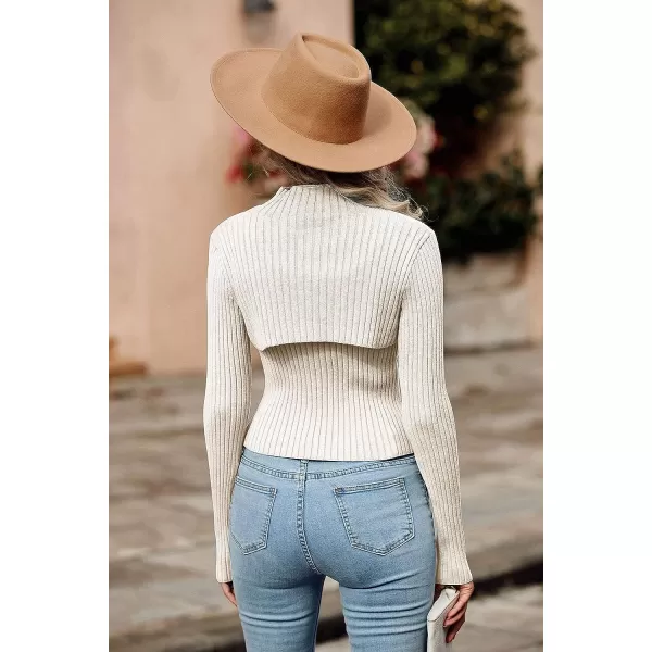 imagePRETTYGARDEN Womens 2023 Fashion Fall Clothes 2 Piece Cutout Tops Long Sleeve Mock Neck Rib Knit Winter Pullover SweaterBeige White