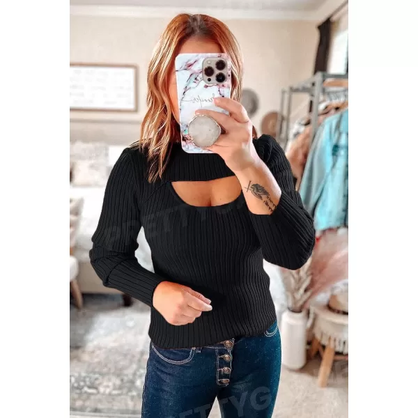 imagePRETTYGARDEN Womens 2023 Fashion Fall Clothes 2 Piece Cutout Tops Long Sleeve Mock Neck Rib Knit Winter Pullover SweaterBlack