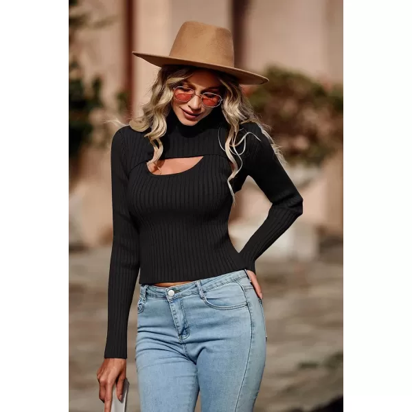 imagePRETTYGARDEN Womens 2023 Fashion Fall Clothes 2 Piece Cutout Tops Long Sleeve Mock Neck Rib Knit Winter Pullover SweaterBlack