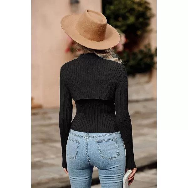 imagePRETTYGARDEN Womens 2023 Fashion Fall Clothes 2 Piece Cutout Tops Long Sleeve Mock Neck Rib Knit Winter Pullover SweaterBlack