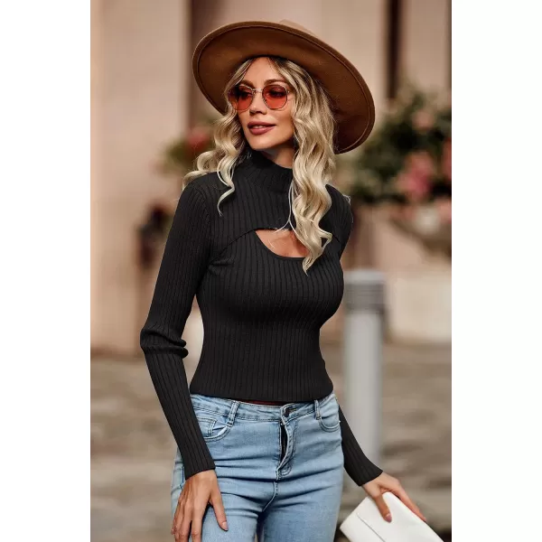imagePRETTYGARDEN Womens 2023 Fashion Fall Clothes 2 Piece Cutout Tops Long Sleeve Mock Neck Rib Knit Winter Pullover SweaterBlack