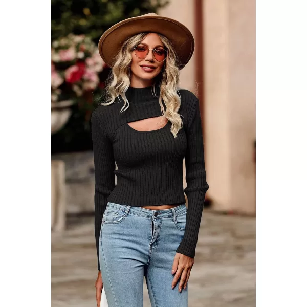 imagePRETTYGARDEN Womens 2023 Fashion Fall Clothes 2 Piece Cutout Tops Long Sleeve Mock Neck Rib Knit Winter Pullover SweaterBlack